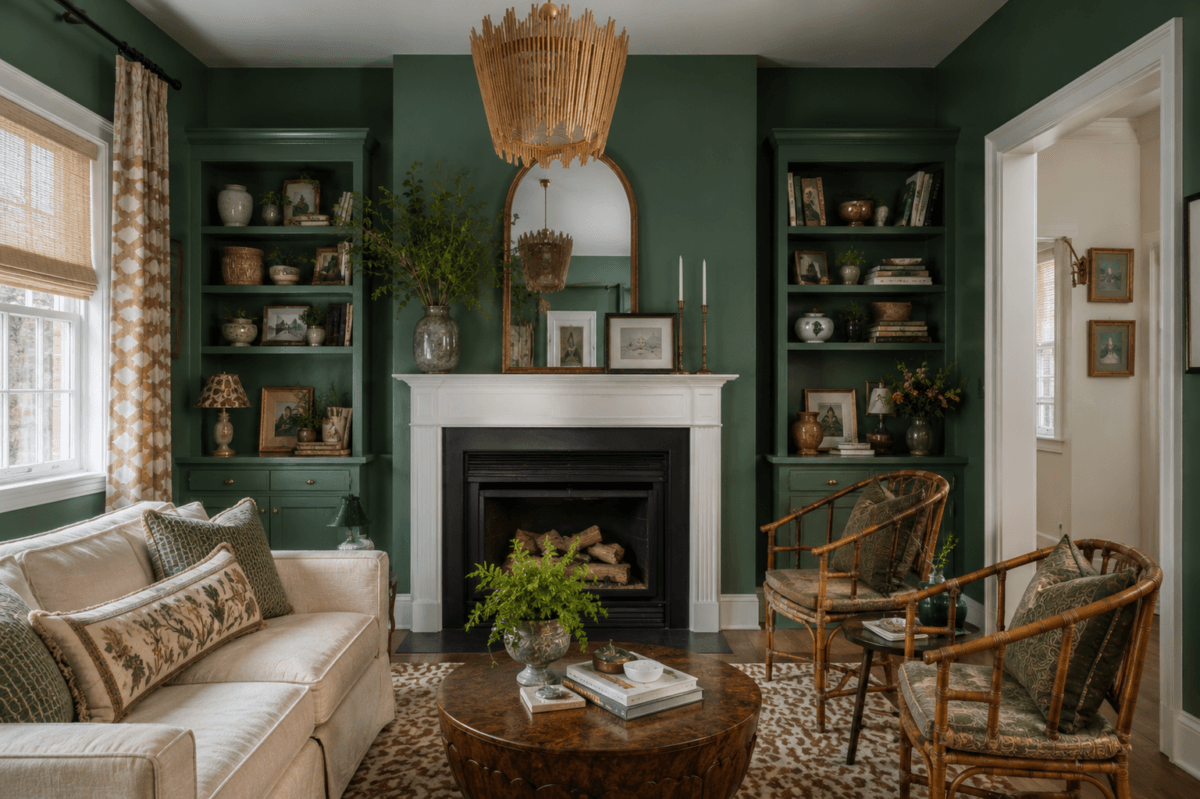 Warm, inviting living room with deep emerald green walls, built-in shelving, a white fireplace mantel, bamboo accent chairs, a cream sofa with botanical pillows, and a round wood coffee table. Natural textures, brass accents, layered decor, and soft daylight create an elegant, earthy atmosphere with a cozy modern vintage feel.