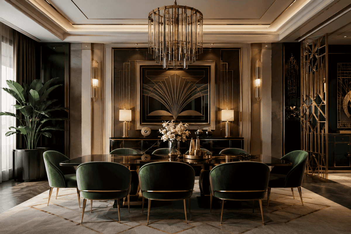 A luxurious Art Deco Revival dining room rendered in a cinematic architectural style. The space features a symmetrical layout with a long glossy black dining table surrounded by deep emerald velvet chairs with gold accents. Geometric wall panels, polished brass details, and a dramatic tiered chandelier create a sophisticated 2026-inspired aesthetic. Soft ambient lighting highlights the rich textures of marble flooring, metallic finishes, and dark wood tones, while large windows and decorative screens add depth and elegance to the interior scene. 