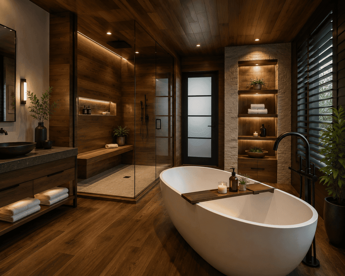 A luxurious modern bathroom with rich walnut wood flooring, walls, and ceiling accents, featuring a large white freestanding soaking tub in the foreground. The spa-inspired space includes a glass walk-in shower with a built-in wooden bench, warm recessed lighting, textured stone shelving, black-framed frosted glass door, and dark plantation shutters. Minimal décor, rolled towels, and potted greenery create a warm, tranquil, high-end retreat atmosphere.