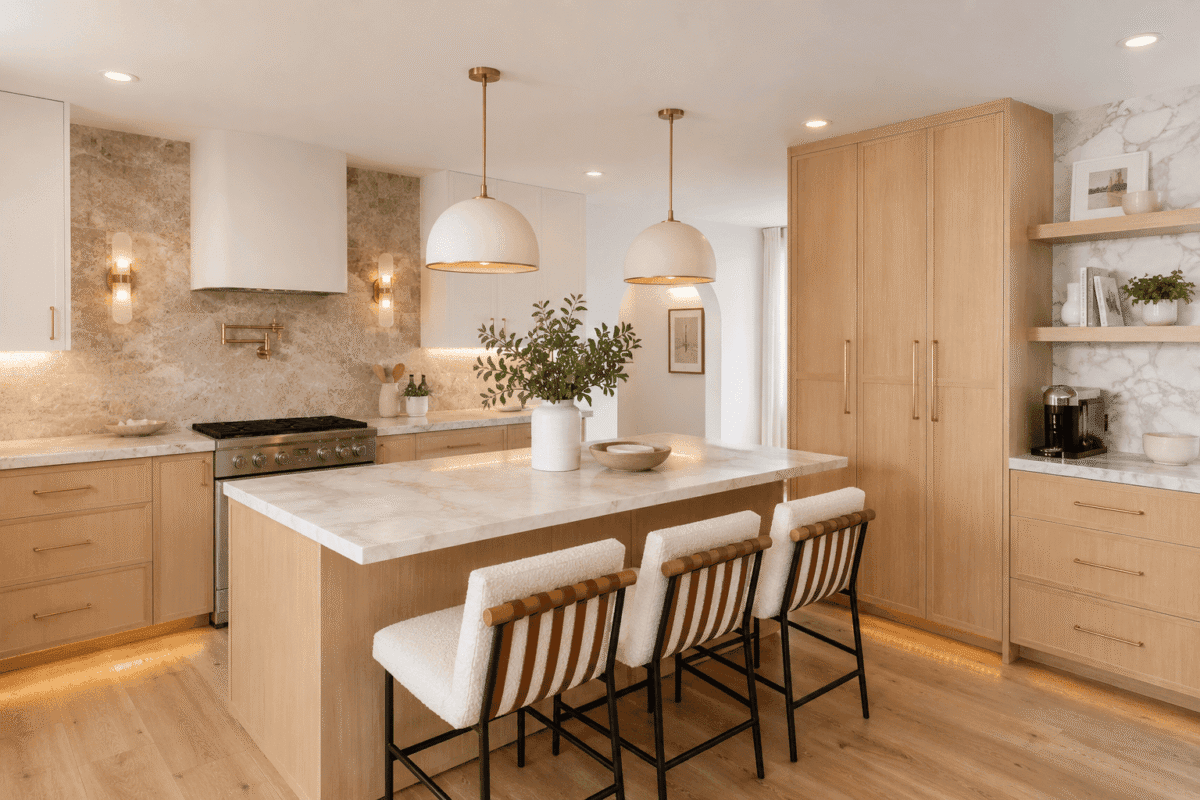 Bright, modern Scandinavian-inspired kitchen with warm light oak cabinetry, white marble countertops and backsplash, and soft ambient lighting. A large waterfall-edge island sits at the center with textured white bar stools featuring striped leather backs. Brass hardware and pendant lighting add warmth, while open floating shelves, natural wood flooring, and minimalist decor create an airy, elegant atmosphere.