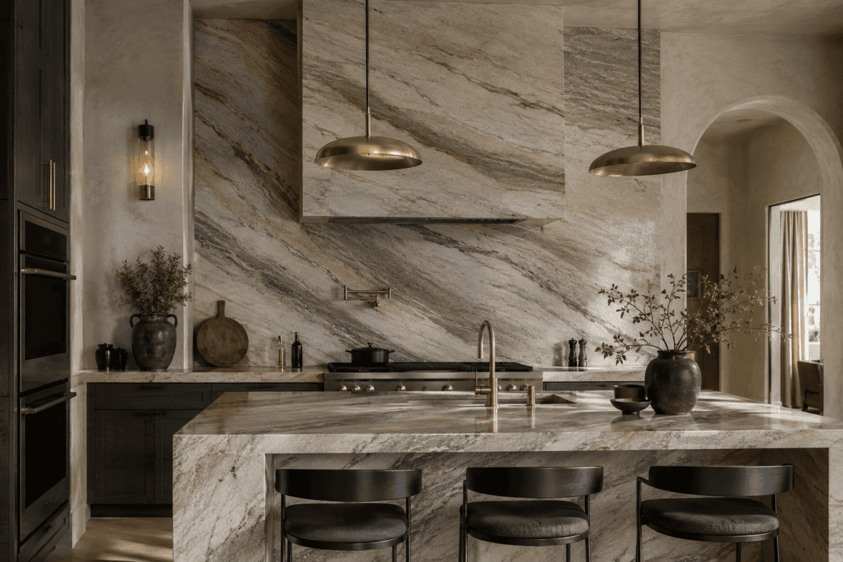 Alt Text: A luxurious modern kitchen featuring a dramatic full-height quartzite backsplash and waterfall island with soft sweeping gray and beige veining. The space is layered with organic textures, including warm limewash plaster walls and sculpted architectural details that glow in natural light. Brushed brass pendant lights and faucet are paired with matte black cabinetry and subtle nickel accents, creating a sophisticated mixed-metals aesthetic. The kitchen includes sleek black bar stools, integrated appliances, and curated decorative pottery and greenery, resulting in a warm, high-end architectural interior with an elegant, editorial feel.